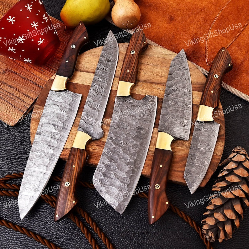 Hand Forged Damascus Chef Set, Handmade Kitchen knife, Damascus Chef knives, Cooking knife, Kitchen knives, Anniversary & Birthday gift USA