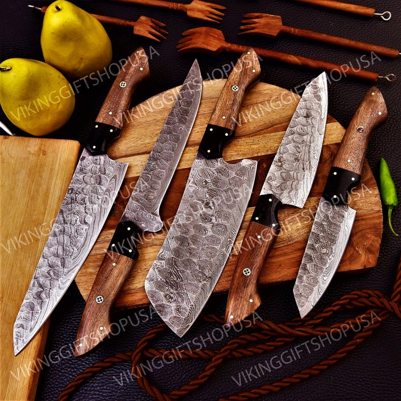 Hand Forged Damascus Chef Set, Handmade Kitchen knife, Damascus Chef knives, Cooking knife, Kitchen knives, Anniversary & Birthday gift USA