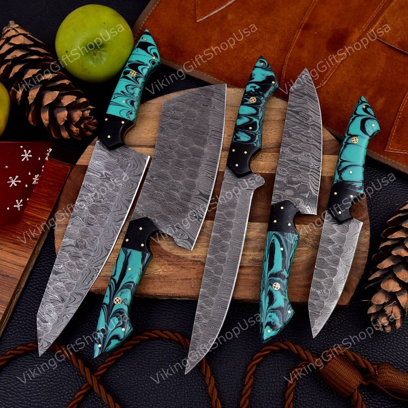 Hand Forged Damascus Chef Set, Handmade Kitchen knife, Damascus Chef knives, Cooking knife, Kitchen knives, Anniversary & Birthday gift USA