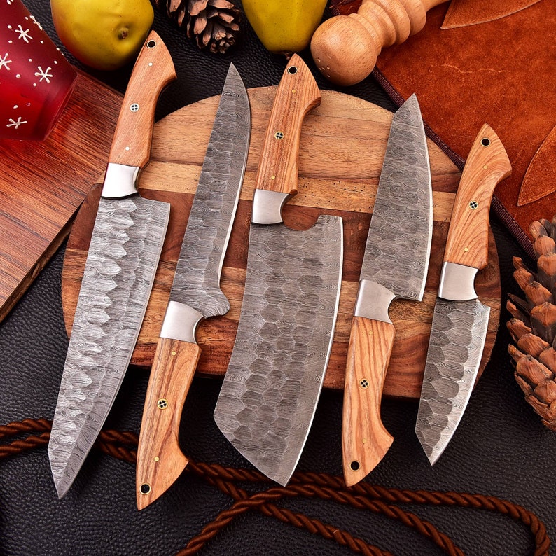 Hand Forged Damascus Chef Set, Handmade Kitchen knife, Damascus Chef knives, Cooking knife, Kitchen knives, Anniversary & Birthday gift USA