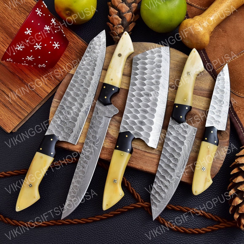 Hand Forged Damascus Chef Set, Handmade Kitchen knife, Damascus Chef knives, Cooking knife, Kitchen knives, Anniversary & Birthday gift USA