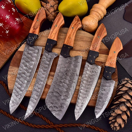 Hand Forged Damascus Chef Set, Handmade Kitchen knife, Damascus Chef knives, Cooking knife, Kitchen knives, Anniversary & Birthday gift USA