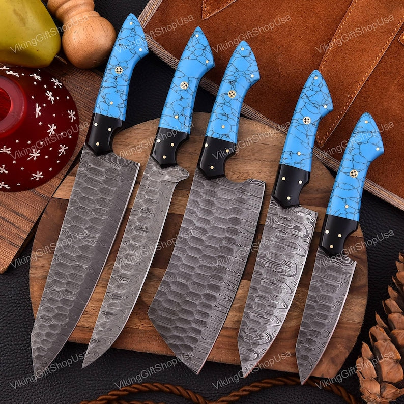 Hand Forged Damascus Chef Set, Handmade Kitchen knife, Damascus Chef knives, Cooking knife, Kitchen knives, Anniversary & Birthday gift USA
